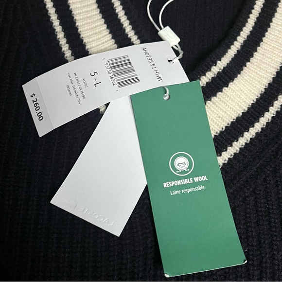 Lacoste NWT 100% Wool Holiday Comic Badge Striped V-Neck Sweater 5 Large - Picture 9 of 13
